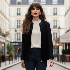 Joseph Ribkoff Black Textured Faux Fur Jacket Zip Front Size M